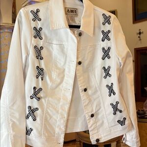 Ami Amx White Lightweight Denim Jacket With Black-And-White Check Detail